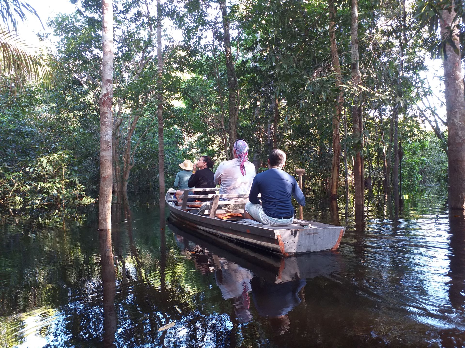 Small canoe navigating the flooded igapó forest on the dark waters of the Rio Negro, Amazon